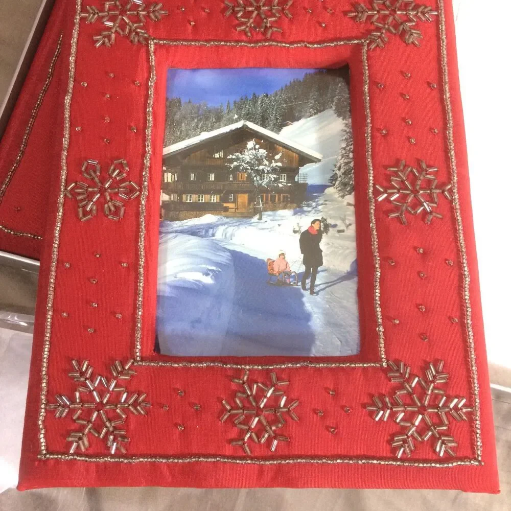 Vintage Deluxe Embroidered Red Velvet Snowflake Journal & Picture Frame Set NOS